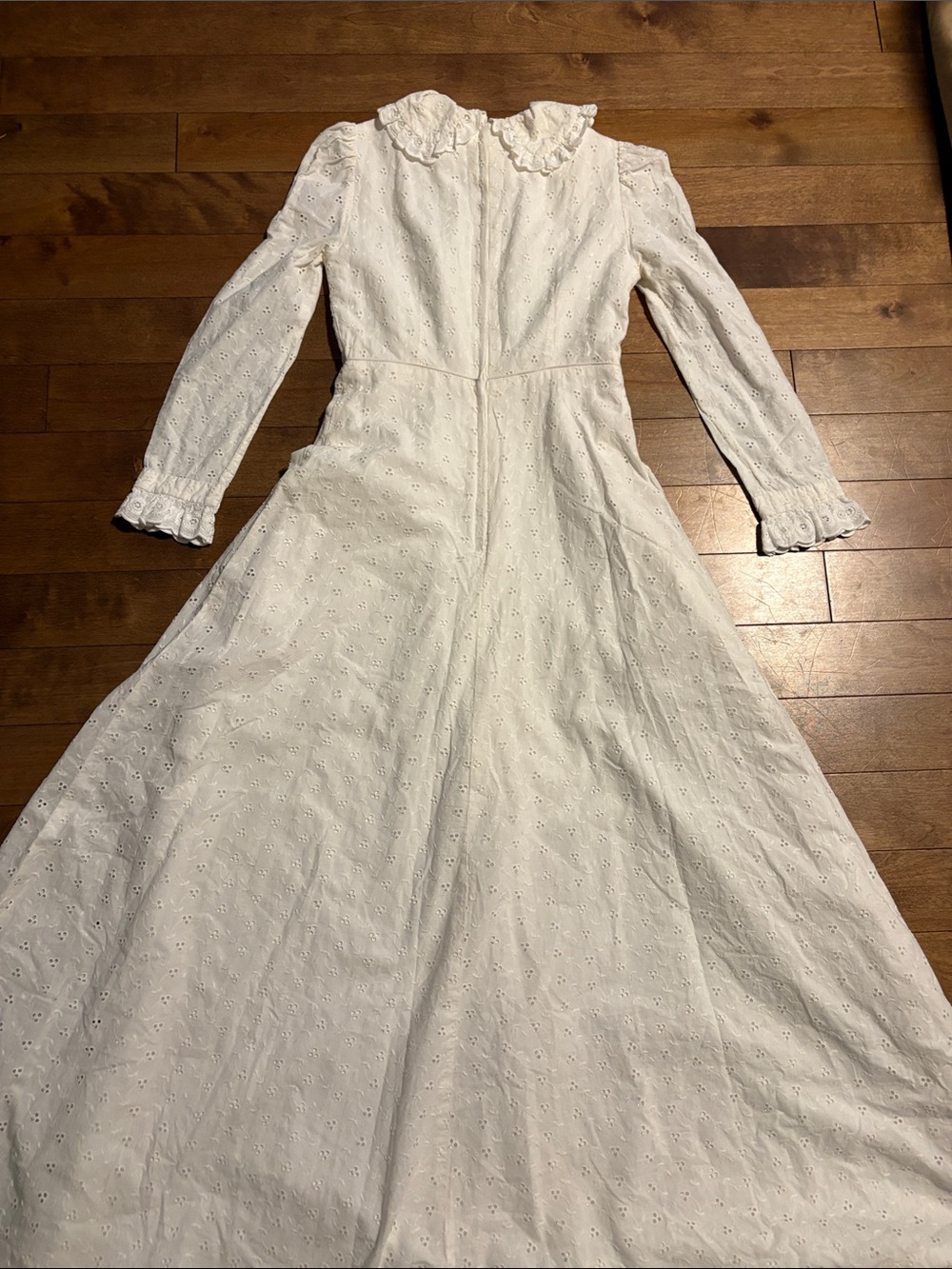 Vintage White Eyelet Maxi Dress with Red Floral Buttons and Ruffle Collar - Picture 9 of 13